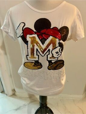 White Mickey Mouse Rhinestones T-Shirt  Bedazzled Sequins Bling Gold Disney L